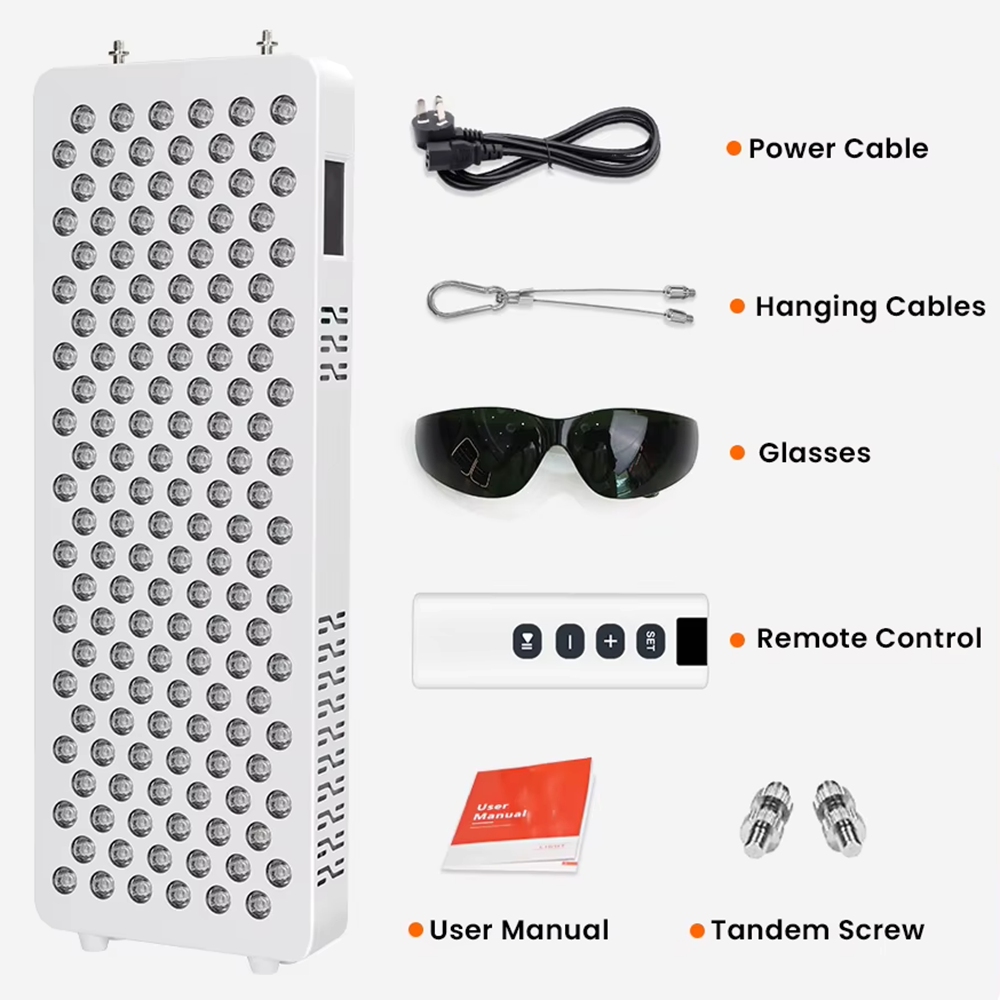 Package contents of 25-inch 9-wavelength LED red light therapy panel including power cord, hanging kit, protective goggles, and user manual