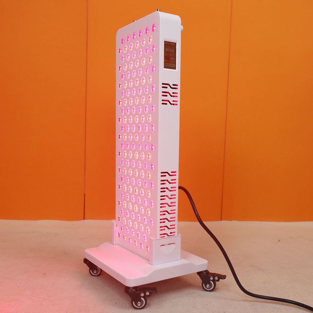 25-inch 9-wavelength LED red light therapy panel mounted on a roller stand for flexible full body light therapy use