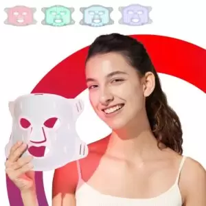 4-wavelength LED facial mask showing light therapy penetration into epidermis and dermis layers for anti-aging and skin rejuvenation.