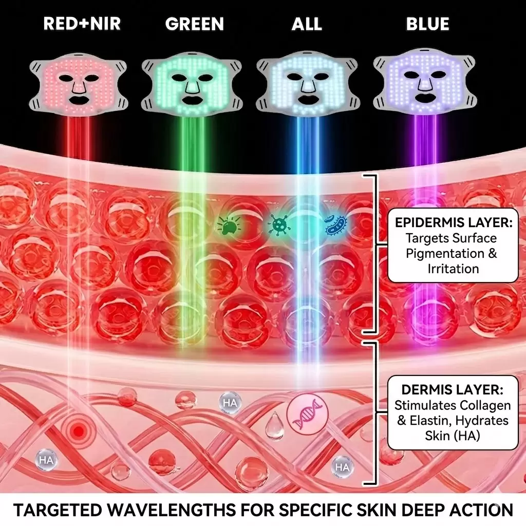 Premium 4-wavelength LED mask for skin rejuvenation showing deep phototherapy penetration, featuring Red 630nm, Blue 460nm, Green 520nm, and Near-Infrared 850nm for collagen production, acne control, and anti-aging.