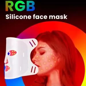 7-Color RGB LED facial mask for anti-aging and wrinkle reduction showing 7 light wavelengths penetrating skin layers