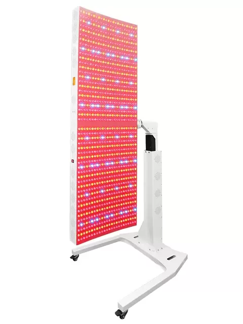 Remote-controlled motorized rotating stand designed for beds and spa tables, positioning large LED red light therapy panels horizontally over the body