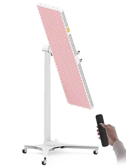 Motorized rotating stand for red light therapy panels with remote control, allowing automatic horizontal and vertical angle adjustment