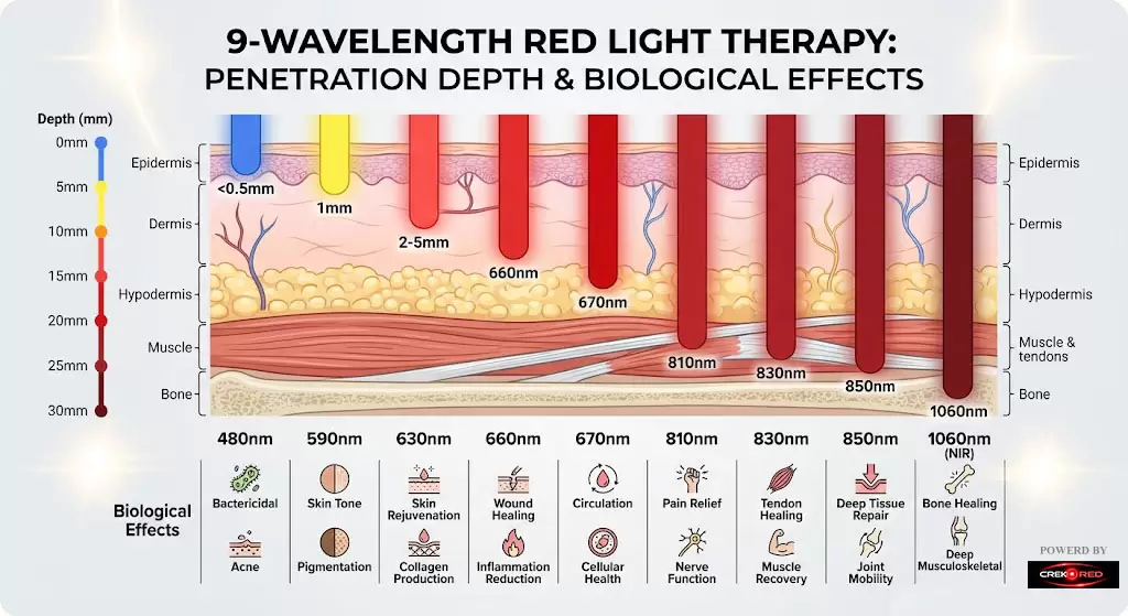 CREECK 9 wavelength red and near infrared light penetration depth comparison