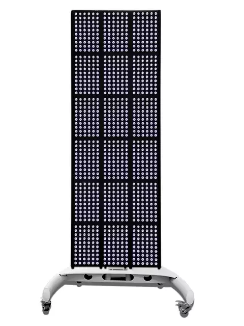 Full body red light therapy panel mounted on a vertical stand for hands-free light therapy sessions