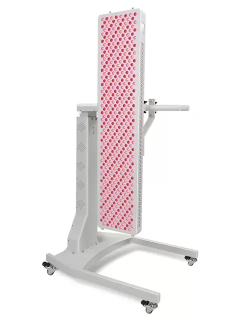 Motorized vertical and horizontal rolling stand for red light therapy panels with adjustable positioning and mobile base