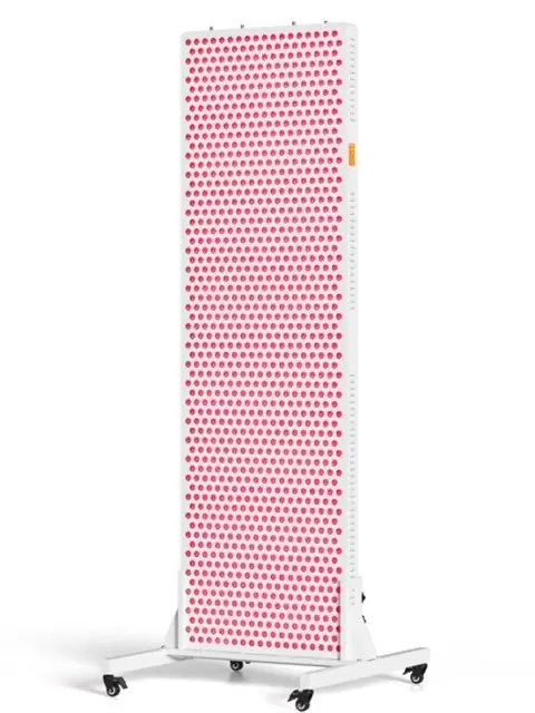 Red light therapy panel mounted on a roller stand for flexible mobile full body light therapy use