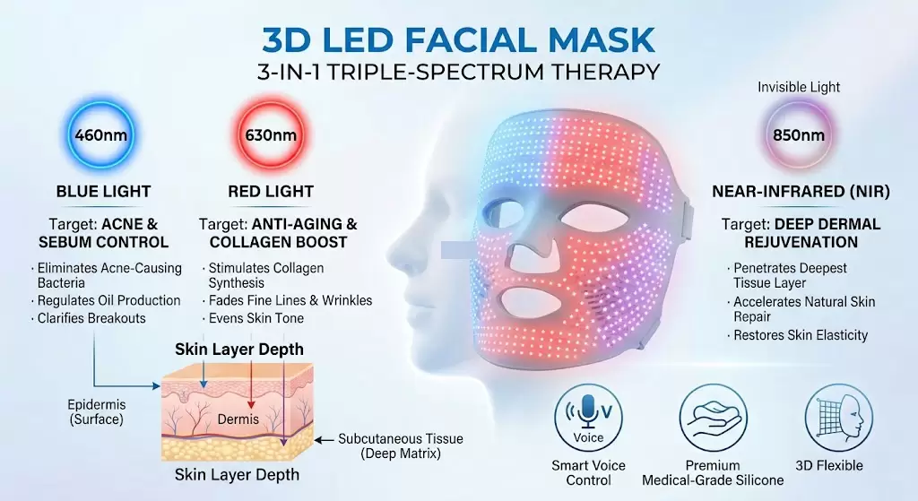 3D LED Facial Mask for skin rejuvenation showing deep phototherapy penetration with 460nm, 630nm, and 850nm wavelengths.