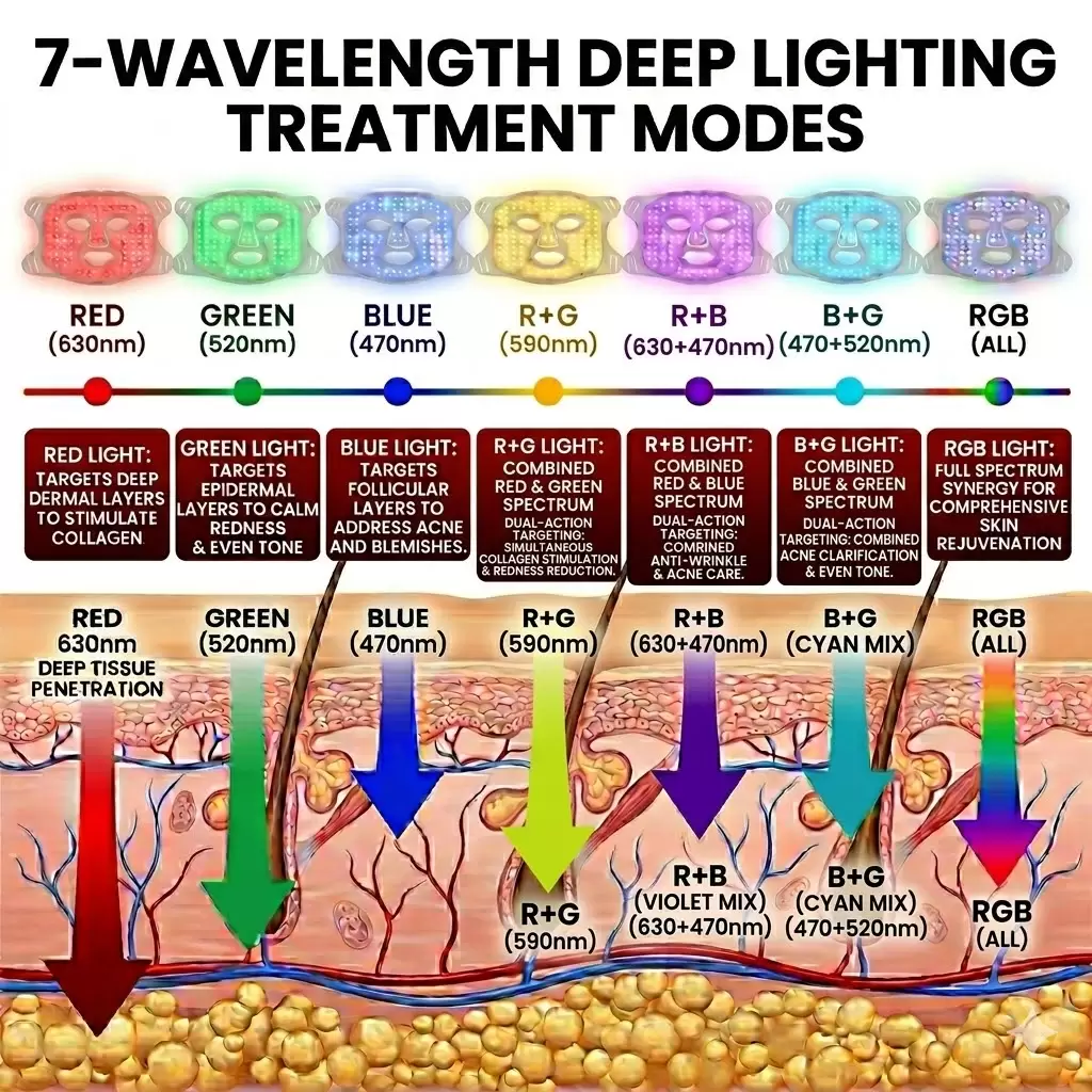 7-wavelength RGB LED facial mask showing light penetration depths and skin treatment modes, featuring Red 630nm, Green 520nm, Blue 415nm, R+G yellow mix, R+B purple mix, B+G cyan mix, and full-spectrum RGB for total anti-aging and skin rejuvenation.