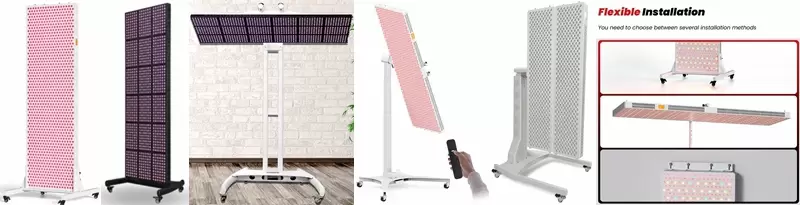 Three versatile installation options for full body red light therapy panel including mobile floor stand, overhead horizontal mount, and wall-mounted fixation